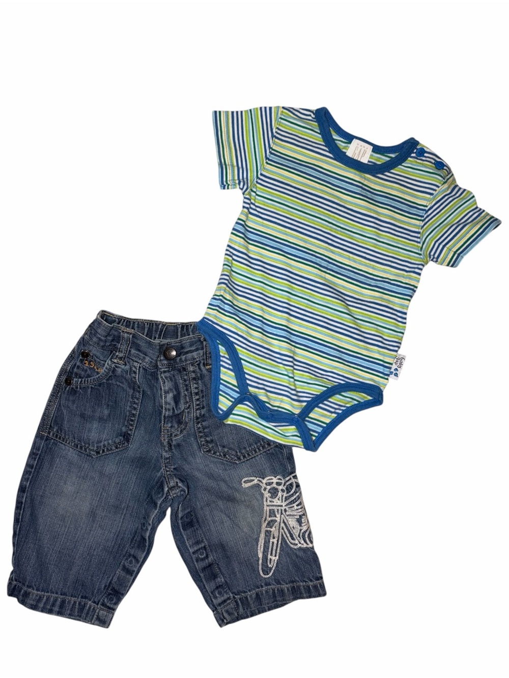 Vintage Y2K Baby Gap Boys 6-12M Motorcycle Jeans Striped Bodysuit 2pc Bundle